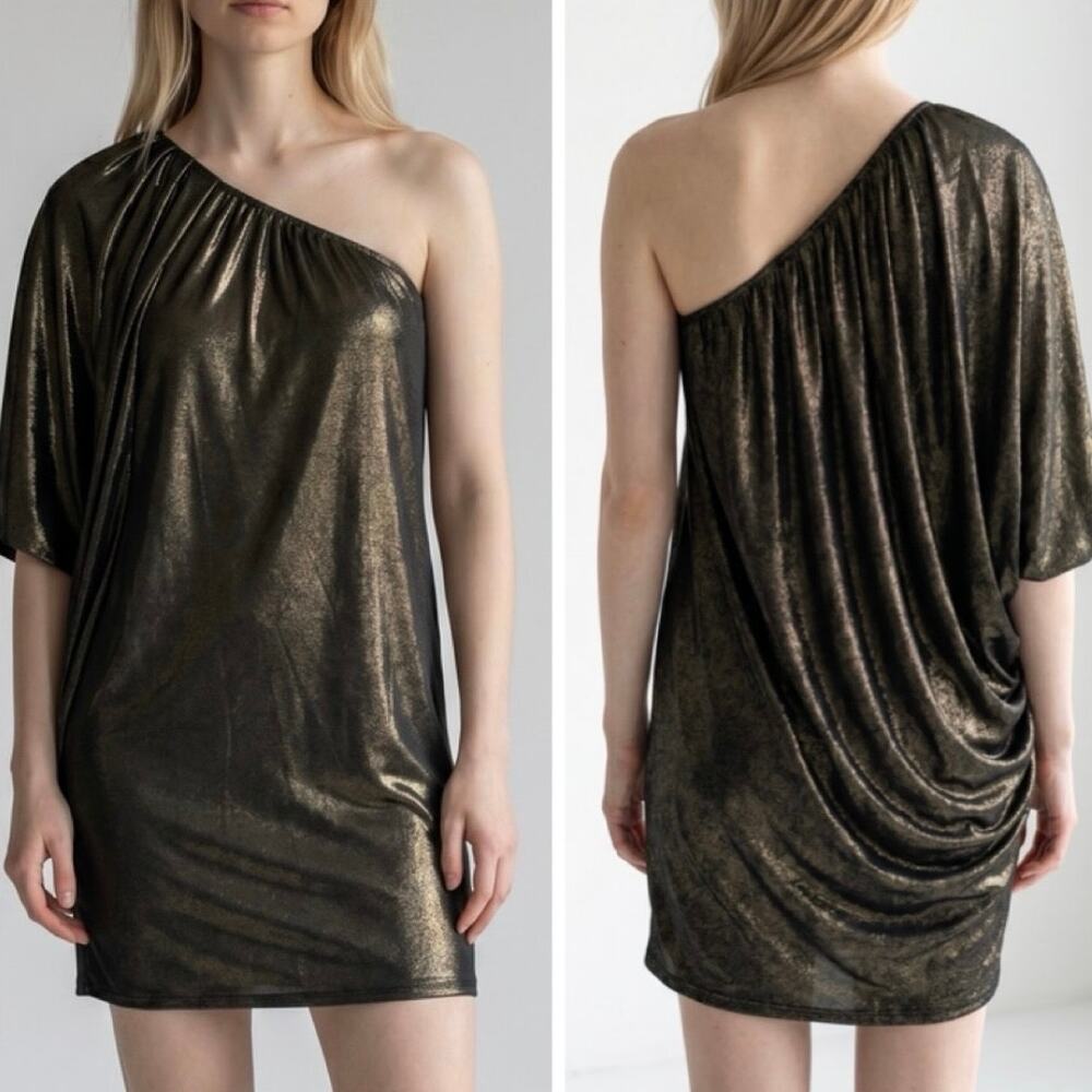 Saks Fifth Avenue Aidan Mattox metallic gold mini dress shoulder new NWT size 2